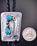 Silver & Turquoise & Feathers Navajo Handmade Bolo Tie by Wilbur Myers 1G01X