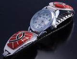 Silver Mediterranean Coral Zuni Hummingbird Inlay Women's Watch by Amy 7J21A