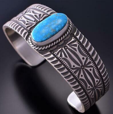 Silver & Turquoise Navajo Handstamped Bracelet by HS or SH 1K13B