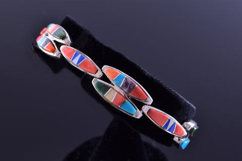 Silver & Turquoise Multistone Navajo Inlay Link Bracelet by AMP 2F15K