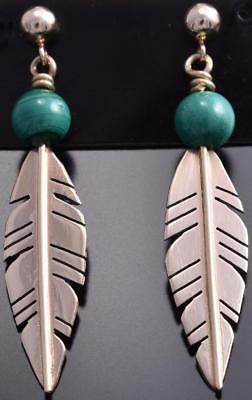 ZBM 14k Gold & Malachite Navajo Pearl & Feathers Earrings by Erick Begay 8G30O