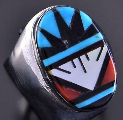 Size 10 Silver Multistone Zuni Inlay Men's Ring by Leslie & Gladys Lamy 1L11Y