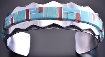 Silver & Turquoise & Coral Navajo Inlay Mtns Men's Bracelet Wilson Dawes 8J15N