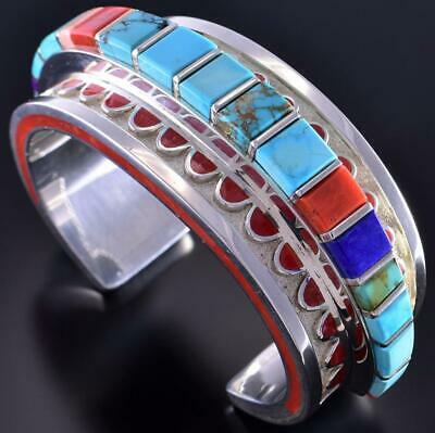 Silver & Coral Multistone Navajo Inlay Side Bracelet Vernon Haskie 1K06Z