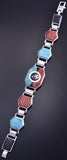 Silver & Turquoise & Coral Zuni Inlay Sunface Link Bracelet by Don Dewa 8J26A