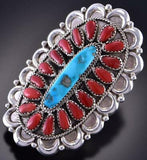 Size 8 Silver & Turquoise & Coral Navajo Cluster Ring by Justina Wilson 1K29A