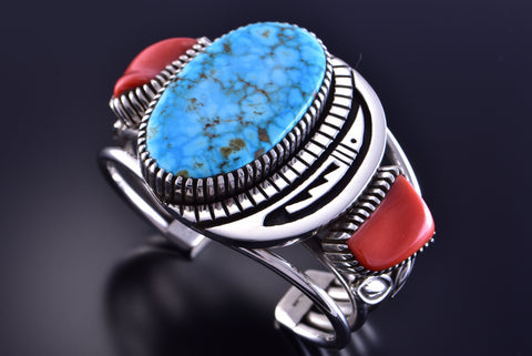 Kingman Turquoise and Coral Bracelet by Erick Begay 2K11B