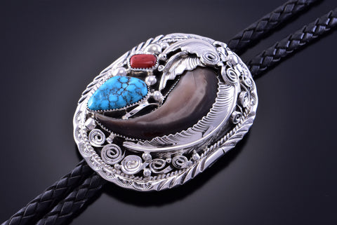 Silver & Turquoise & Coral & Bear Claw Navajo Bolo Tie by RB 2B11J