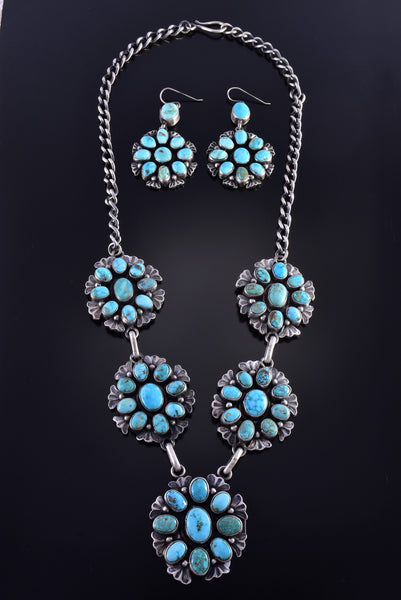 Silver & Turquoise Navajo Handmade Necklace & Earring Set by Bobby Johnson 1K18Q