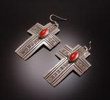 ZBM Stunning Silver Stamped Cross Earrings with Coral by Erick Begay TO81D
