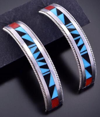 Silver & Turquoise Multistone Zuni Inlay Half Hoop Earrings Phil Weahkee 2H03N