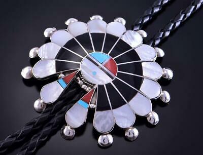 Silver & Turquoise Multistone Zuni Inlay Sunface Bolo Tie Pauline Lonjose 1L22O