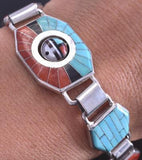 Silver & Turquoise & Coral Zuni Inlay Sunface Link Bracelet by Don Dewa 8J26A