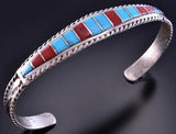 Silver & Turquoise & Coral Zuni Inlay Bracelet by Mira Payesnta 2F15Q