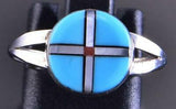 Size 7-3/4 Silver & Turquoise & Coral Multistone Zuni Inlay Round Ring 2A25T