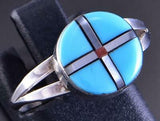 Size 7-3/4 Silver & Turquoise & Coral Multistone Zuni Inlay Round Ring 2A25T
