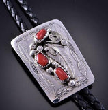 Silver & Mediterranean Coral Feather Navajo Bolo Tie by Wilbert Meyers 2B11K