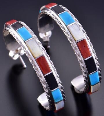 Silver & Turquoise Multistone Zuni Inlay Hoop Earrings by Malcolm Chavez 2H03O