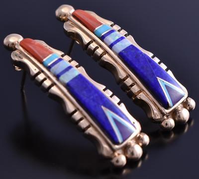 14k Gold & Lapis Multistone Navajo Inlay Earrings 8D21P