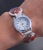 Silver Mediterranean Coral Zuni Hummingbird Inlay Women's Watch by Amy 7J21A