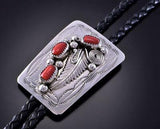 Silver & Mediterranean Coral Feather Navajo Bolo Tie by Wilbert Meyers 2B11K