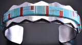 Silver & Turquoise & Coral Navajo Inlay Mtns Men's Bracelet Wilson Dawes 8J15N