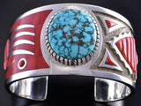 Silver & Coral Navajo Inlay Bear & Arrowhead Bracelet by Mike Perry 1K06E