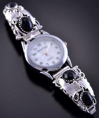 Silver & Onyx Eagle Feathers & More Navajo Watch by Rita Montoya 1L12T