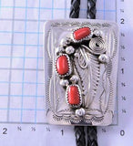 Silver & Mediterranean Coral Feather Navajo Bolo Tie by Wilbert Meyers 2B11K