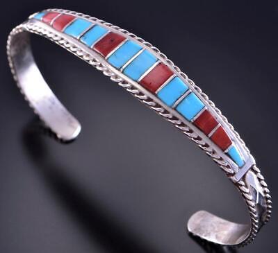 Silver & Turquoise & Coral Zuni Inlay Bracelet by Mira Payesnta 2F15Q