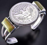 Silver & Turquoise Navajo Handmade Half Dollar Bracelet 2D12U