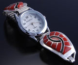 Silver Mediterranean Coral Zuni Hummingbird Inlay Women's Watch by Amy 7J21A