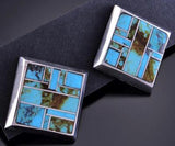 Silver & Blue Ridge Turquoise Navajo Inlay Square Earrings by Kim Yazzie 2J16E