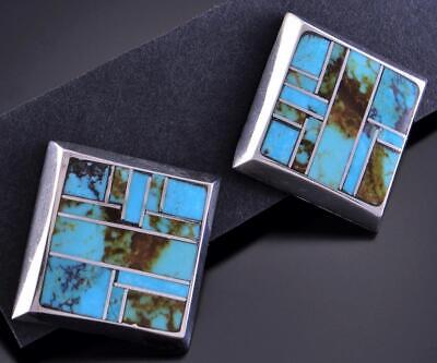 Silver & Blue Ridge Turquoise Navajo Inlay Square Earrings by Kim Yazzie 2J16E