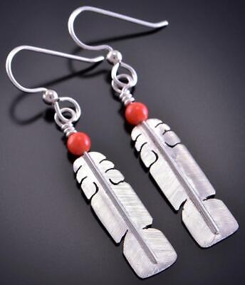 Silver and Coral Sacred Eagle Feather Earrings by David Kuticka 2K13U
