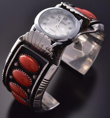 Vintage Silver & Mediterranean Coral Navajo Handmade Watch Bracelet by HSR ZA22W
