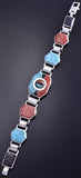 Silver & Turquoise & Coral Zuni Inlay Sunface Link Bracelet by Don Dewa 8J26A